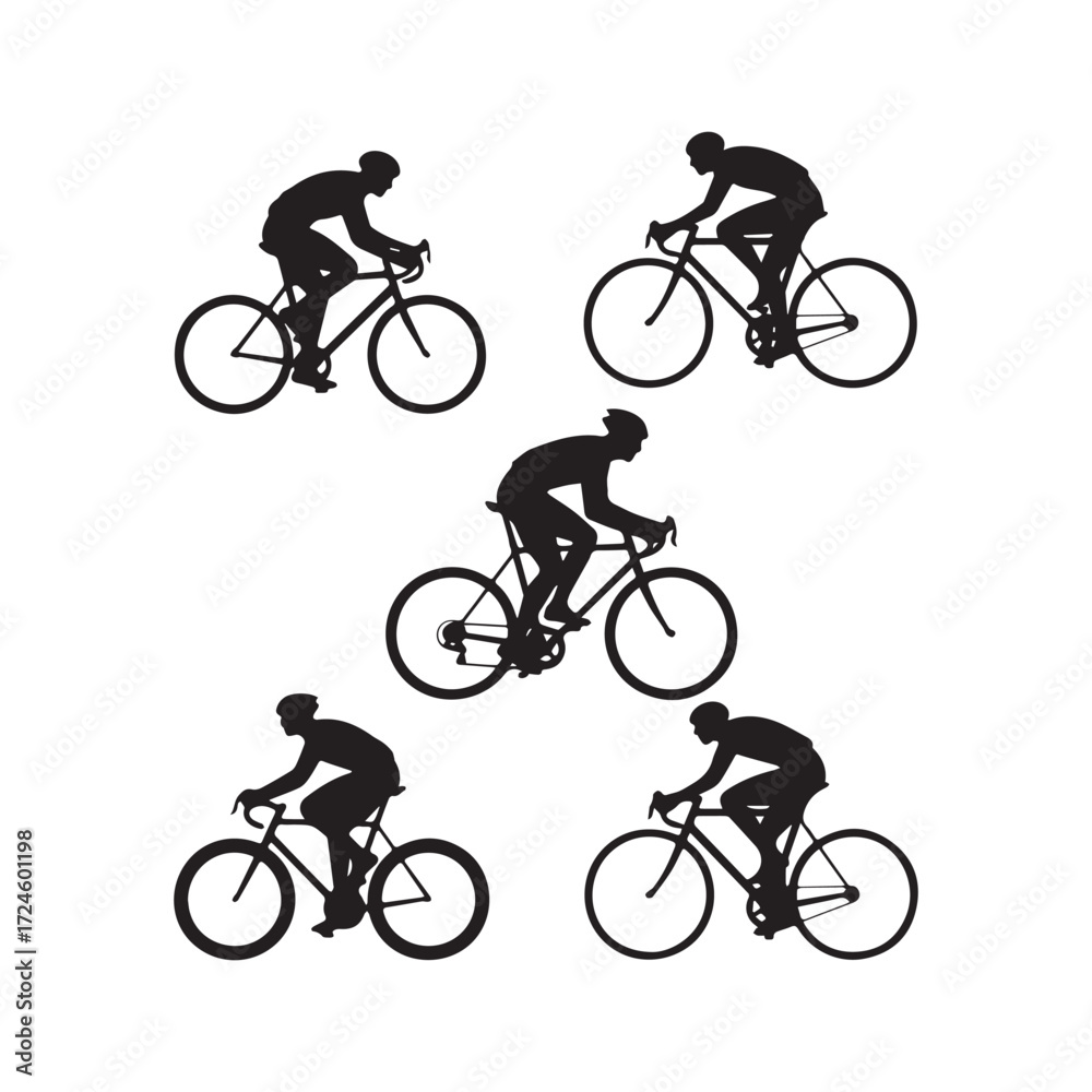 Fototapeta premium Black and white silhouettes of cyclists in dynamic poses, riding road bikes on a white background.