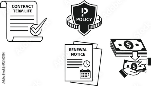 Insurance policy contract renewal and payment icons representing financial security and agreement on a white background for business and personal use