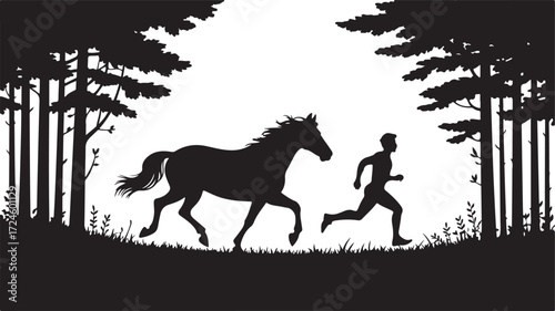 Black silhouette of a running horse and a man in a forest clearing vector