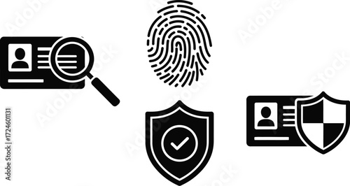 Identity verification and security icons showing fingerprint id card magnifying glass and shield for data protection and personal information safety