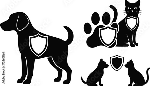 Black and white vector illustration of pets with shields representing pet insurance and protection for dogs and cats in a modern graphic style