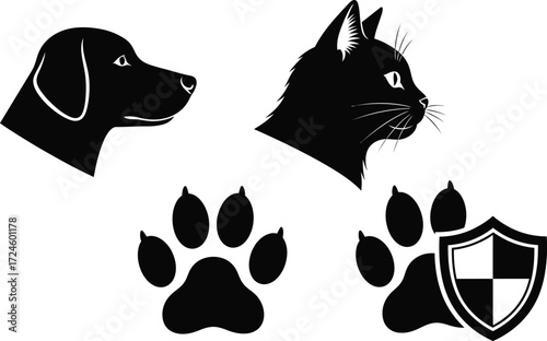 Black and white vector illustration of a dog cat and paw prints one with a shield ideal for petrelated designs and veterinary services logo design