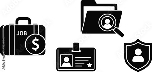Job search and recruitment concept with briefcase folder id card and security shield icons representing employment opportunities and career advancement