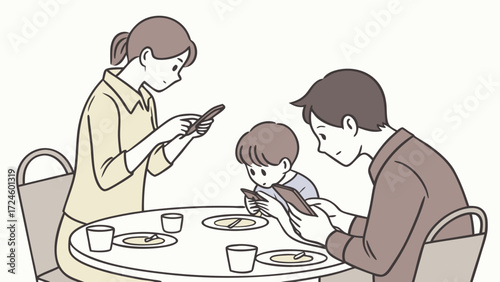 Family Sitting Together But Ignoring Each Other on Phones Vector, Showing Disadvantage of Mobile Overuse