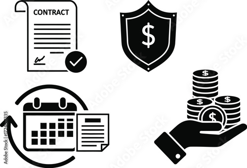 Business contract agreement with financial security and recurring payments for investments and insurance policies in a vector illustration
