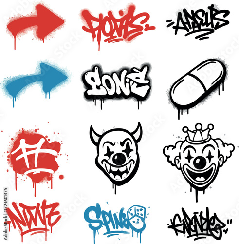 Graffiti art collection featuring arrows words pill and clown faces.