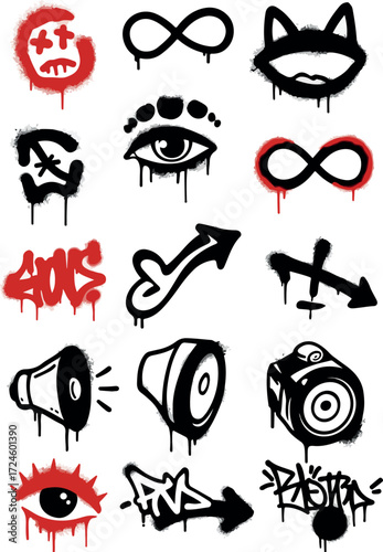 Graffiti art collection featuring various symbols and designs in black and red spray paint style.