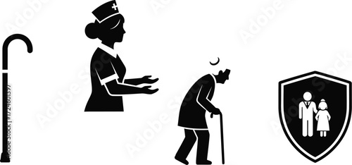 Nurse offering assistance to elderly man with cane alongside a walking stick and family protection shield symbolizing care and security for seniors