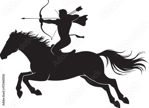 Silhouette of a male archer riding a galloping horse aiming a bow and arrow vector