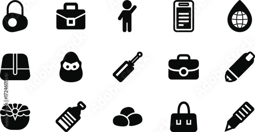 Black and white vector icons representing business travel and everyday objects in a clean and modern style for use in graphic design projects