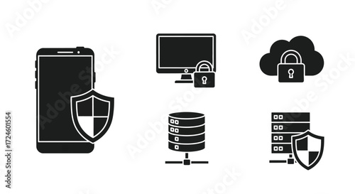 Security icons depicting smartphone computer cloud and server protection for data safety and privacy in a digital environment with network defense