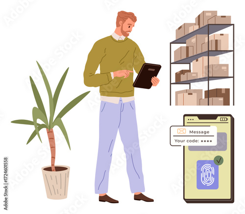 Man managing inventory on tablet near plant and shelves. Large smartphone displays secure login. Ideal for logistics, technology, warehouse operations, security, e-commerce, data, and modern