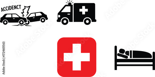 Pictorial representation of a car accident ambulance medical cross and patient in bed indicating the stages of medical care after an accident