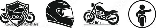 Motorcycle safety and riding icons showing a bike under a shield helmet motorcycle and a rider signaling a turn on a clean white background graphic