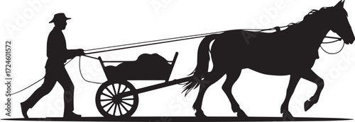 Silhouette of a man in a hat pulling a horse drawn cart filled with goods person