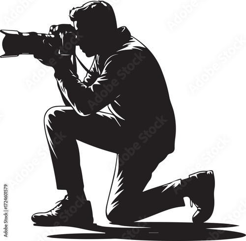 Silhouette of a man kneeling and taking a photo with a large camera photography