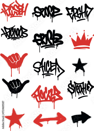Graffiti art collection with various words and symbols in black and red spray paint style.