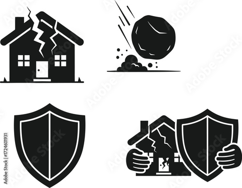 Home insurance concept showing damage from earthquake and rockfall with a protective shield representing safety and security for homeowners