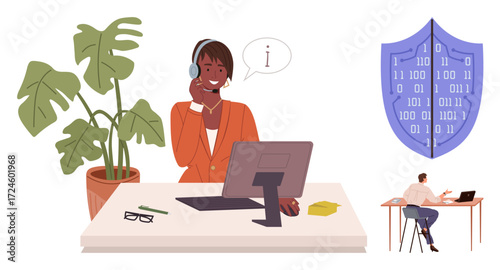 Female support agent at desk with headset offering help, oversized security shield with digital code, remote worker at laptop. Ideal for IT support, cybersecurity, customer care, remote work, data