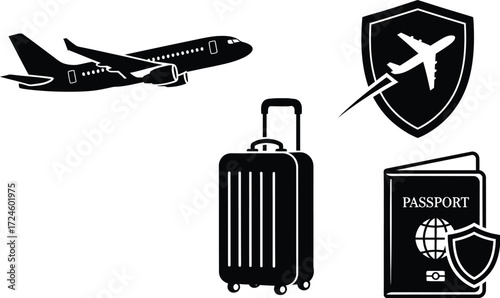 Black and white vector illustration showcasing travel elements like airplane luggage passport and travel insurance for vacation planning and safety