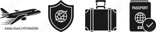 Airplane travel protection suitcase and passport icons representing safe and secure international travel planning and preparation for vacation