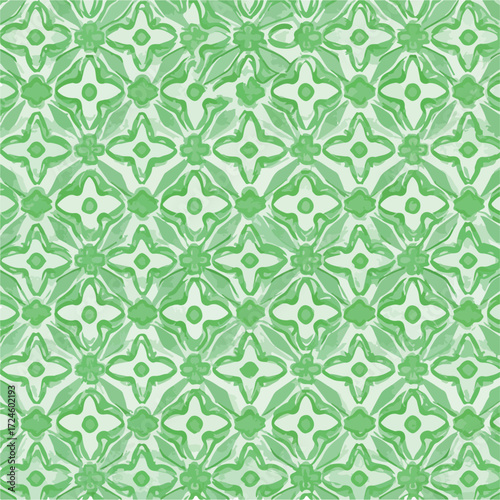 Green floral pattern repeating design with symmetrical shapes and artistic style.