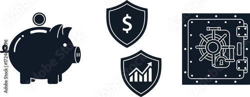 Piggy bank with coin shields with dollar sign and graph and a vault door representing savings security and financial growth for business and personal use