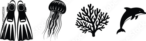 Black and white vector illustration of ocean life featuring flippers jellyfish coral and a dolphin on a clean white background for marine concepts