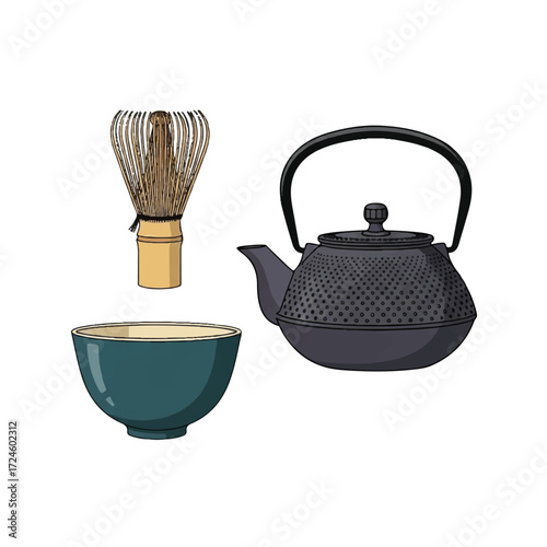 Still life of a black teapot, whisk, and green tea bowl on a plain white background.