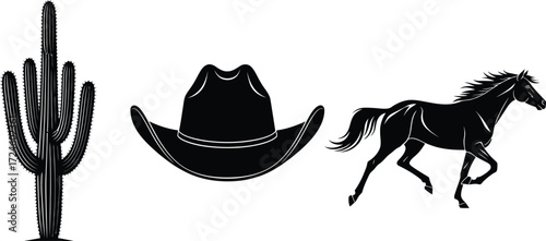Wild west scene featuring a cactus cowboy hat running horse and saloon in a black and white vector illustration perfect for western themed designs