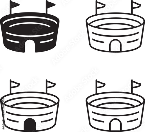 Stadium with flags icon set, stadium black silhouette, stadium vector illustration, stadium outline, stadium filled black, stadium minimal design, stadium modern icons