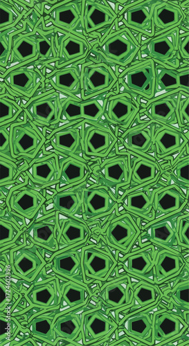 Green geometric pattern with repeating shapes and intricate details abstract design.