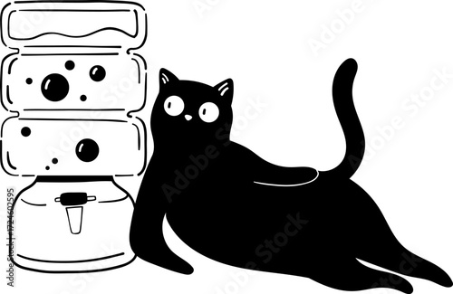 Black cat by a water cooler