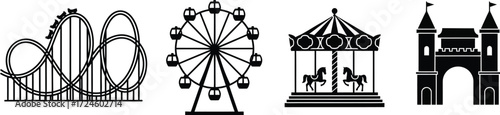 Amusement park icons featuring a roller coaster ferris wheel carousel and castle in a vector illustration perfect for graphic design projects