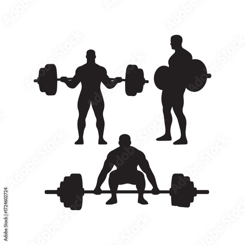 Black vector silhouettes, a weightlifting and powerlifting man with a barbell on a white background.
