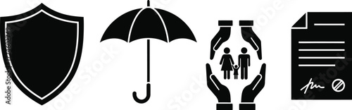 Insurance concept with shield umbrella family protection and signed contract representing security and assurance for financial planning and safety