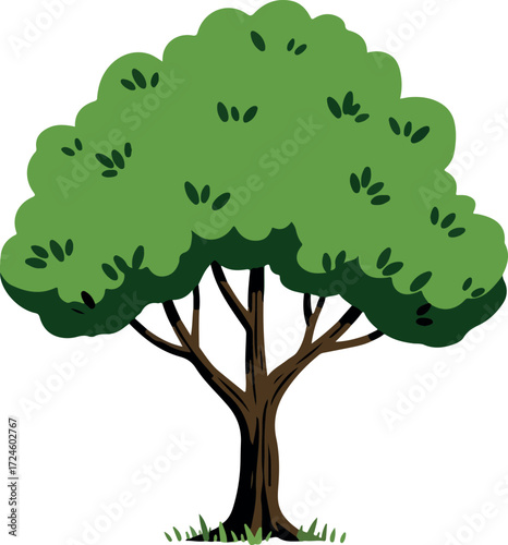 Green tree with lush foliage and a sturdy brown trunk stands tall.