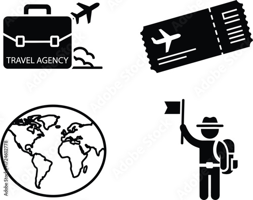 Travel icons showcasing a suitcase plane ticket globe and traveler representing travel agency services and global exploration adventures for tourists