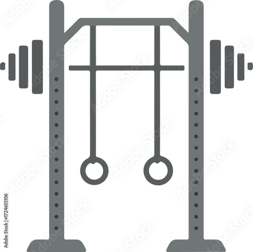 Gym equipment with weights and rings for fitness training and exercise.