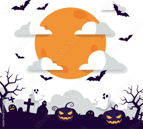 Halloween night scene with pumpkins ghosts bats and full moon.