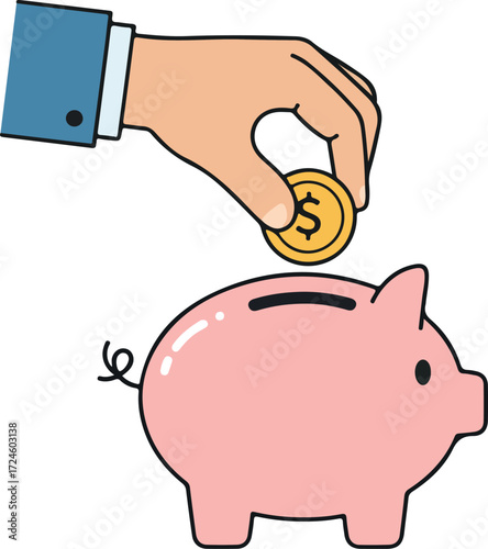 Hand depositing coin into piggy bank representing savings and investment 1.
