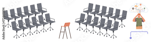 Rows of identical office chairs juxtaposed with a unique orange stool and a thoughtful person visualizing ideas. Ideal for workplace dynamics, individuality, creativity, decision-making, leadership