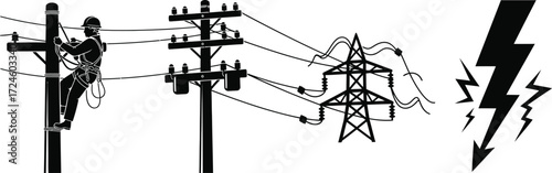 Electrician safely working on power lines with transmission tower icon