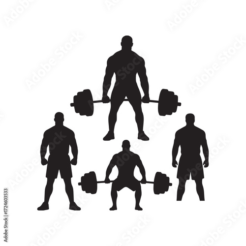 Black vector silhouettes, a weightlifting and powerlifting man with a barbell on a white background.