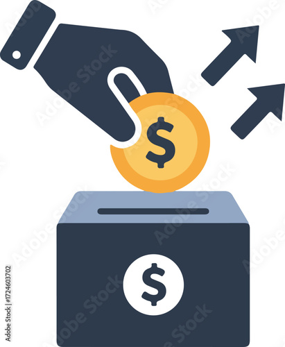 Hand dropping coin into donation box for charity and financial support.