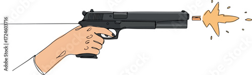 Hand holding a gun firing a bullet with muzzle flash.