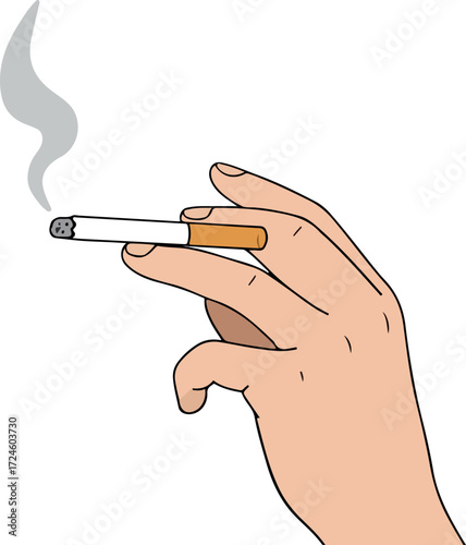 Hand holding a lit cigarette with smoke rising against a white background.