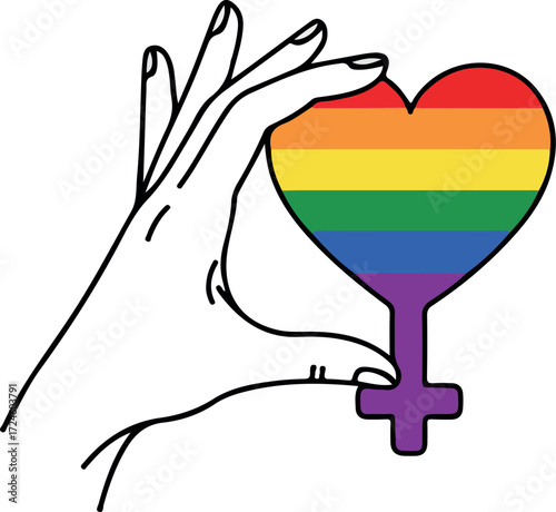 Hand holding a rainbow heart symbol of LGBTQ love and pride.
