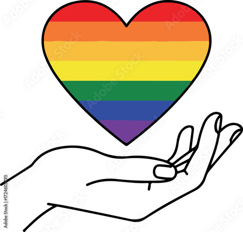 Hand holding a rainbow heart symbol representing love and support for LGBTQ community.