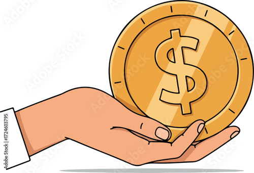 Hand holding a golden dollar coin representing financial wealth and prosperity.